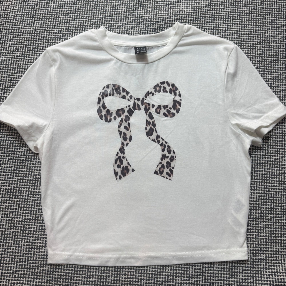 SHEIN Womens White Leopard Print Bow Graphic Crop Top Short Sleeve Tee Size S 4